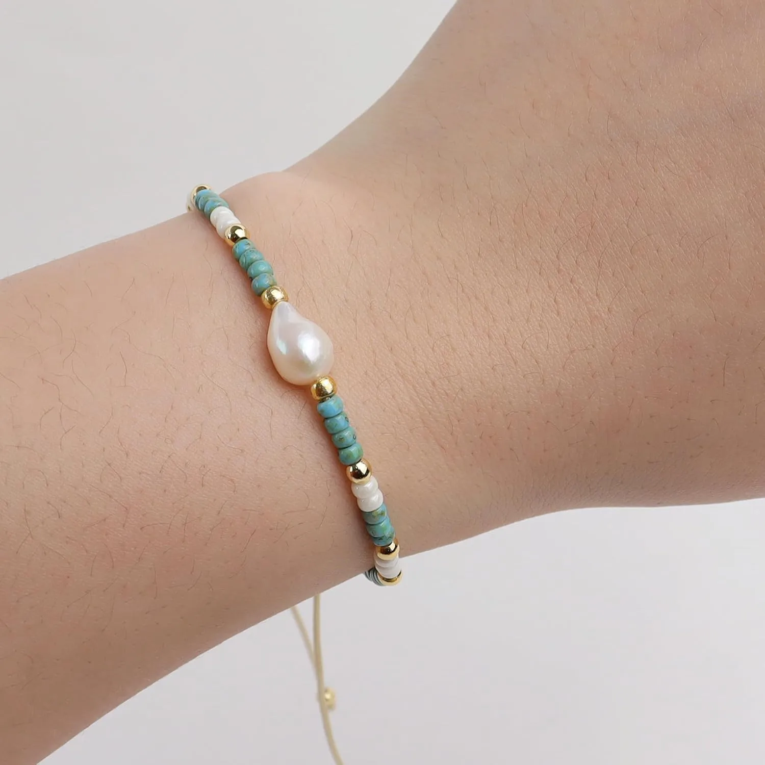 Freshwater Pearl seed Bead Adjustable Bracelets for Women, Dainty Handmade Stone Beaded String Friendship Bracelet Summer Beach Jewelry Gift