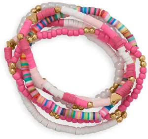 Friendship Stretch Bracelet Set of Six Pink Multicolor White Gold Tone Beads