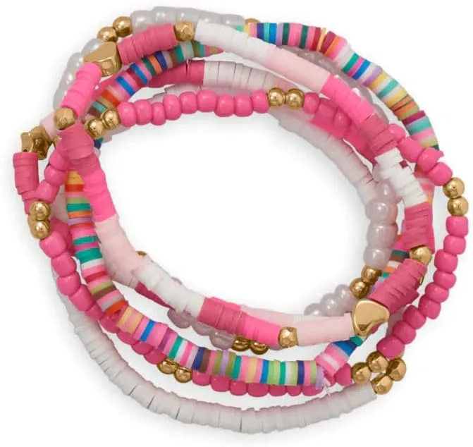 Friendship Stretch Bracelet Set of Six Pink Multicolor White Gold Tone Beads