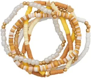 Friendship Stretch Bracelet Set of Six Yellow Tan White Gold Tone Beads