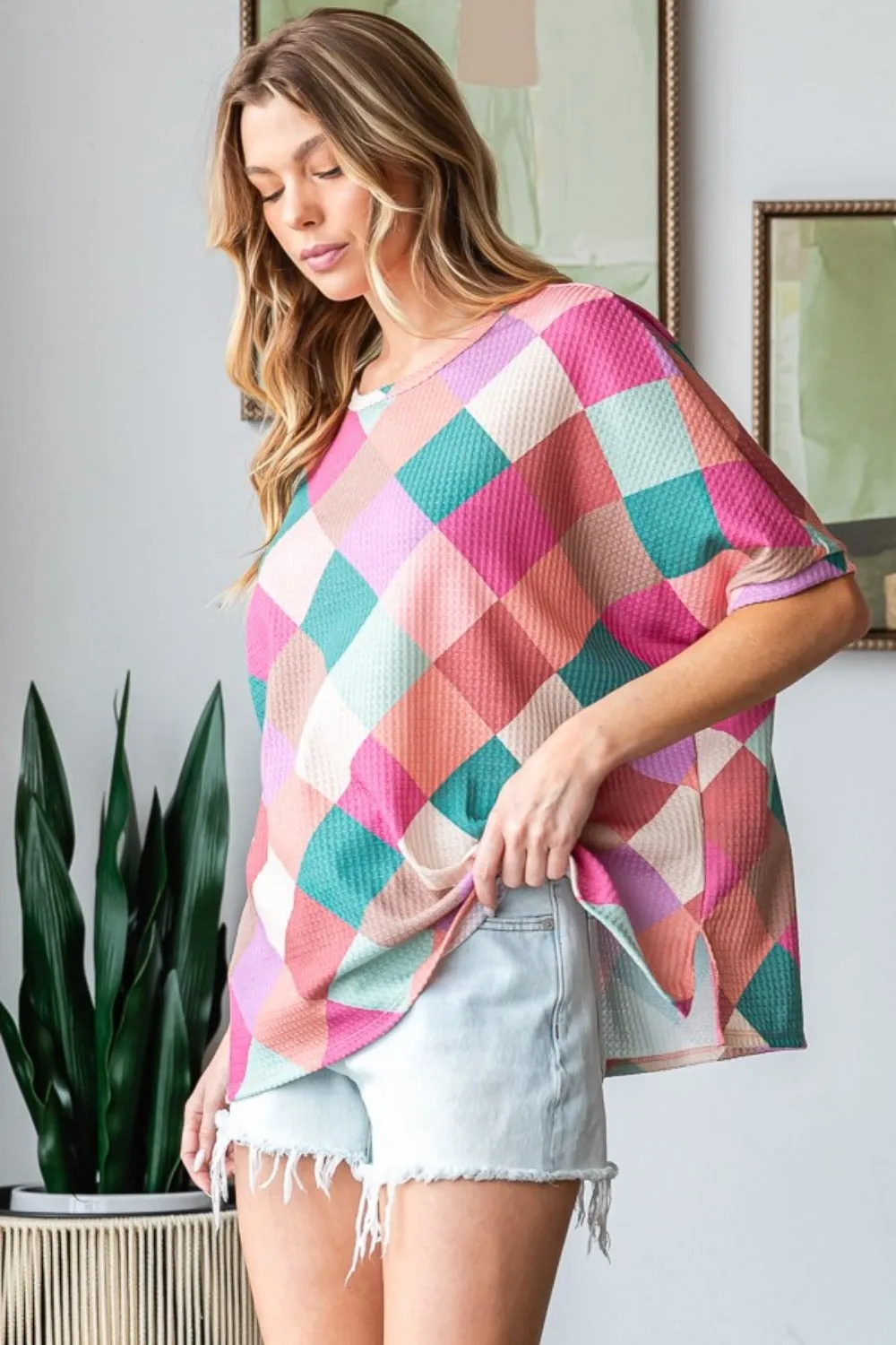 Full Size Multi Colored Argyle Side Slit T-Shirt