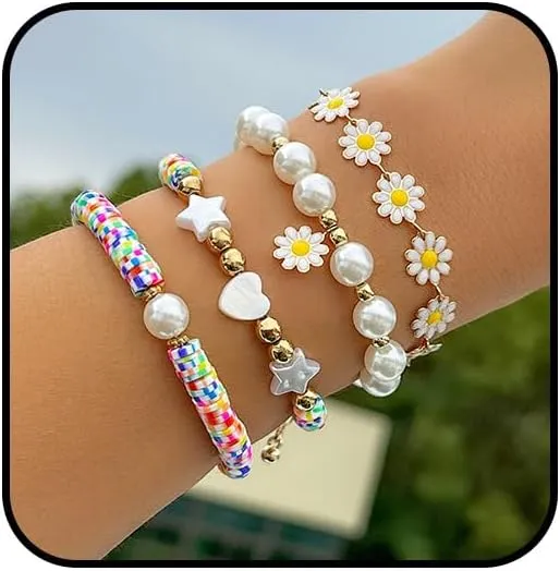 FUTIMELY Preppy Heishi Surfer Beaded Bracelets Set for Women Teen Girls,Bohemian Colorful Daisy Sunflower Star Heart Beaded Layering Bracelets y2k Elegant Jewelry