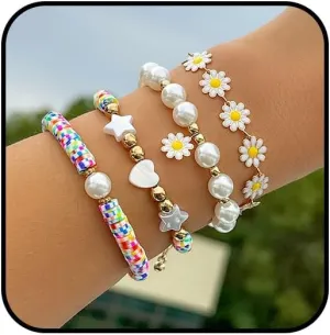 FUTIMELY Preppy Heishi Surfer Beaded Bracelets Set for Women Teen Girls,Bohemian Colorful Daisy Sunflower Star Heart Beaded Layering Bracelets y2k Elegant Jewelry