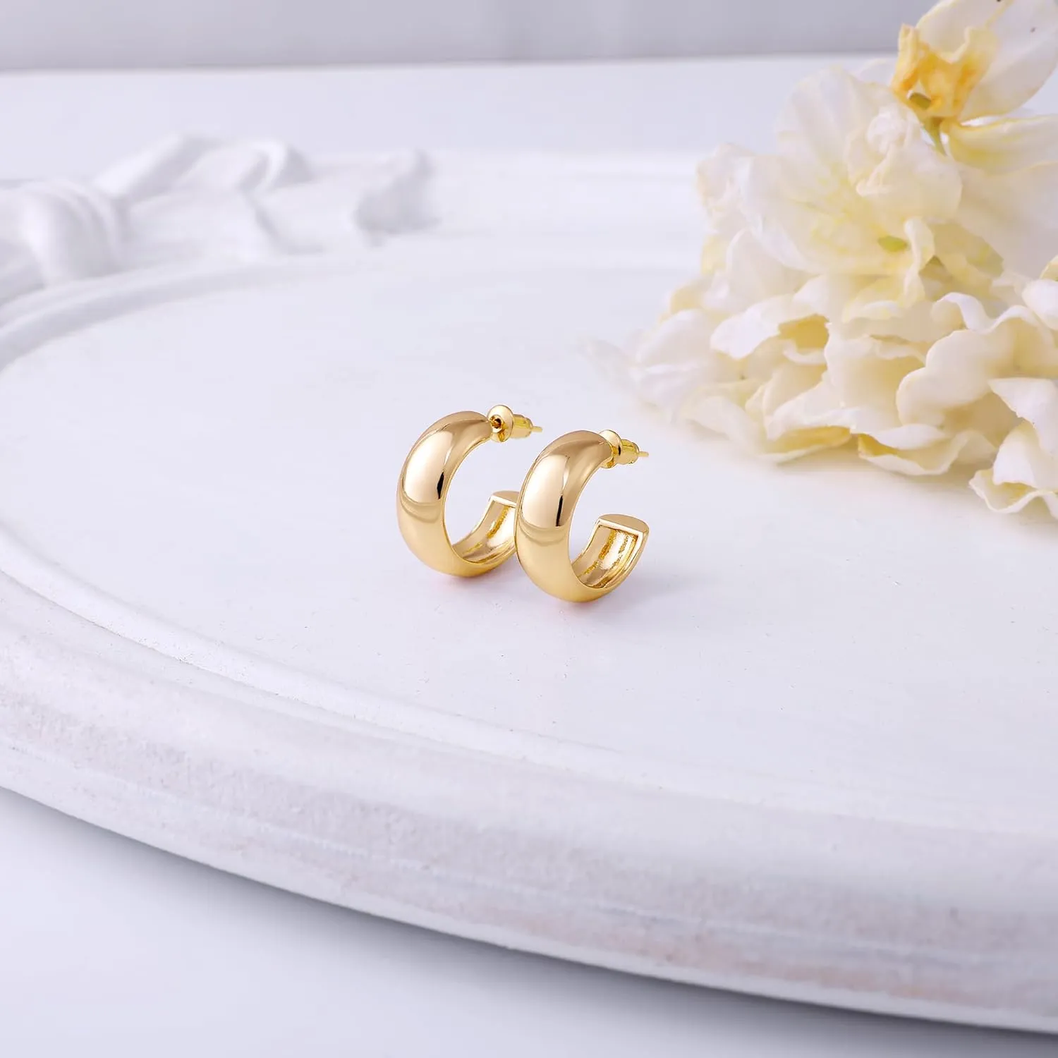Gamicy Small Gold Hoop Earrings for Women with 925 Stering Silver Post, 14K Real Gold Plated Chunky Lightweight Hoops Earrings