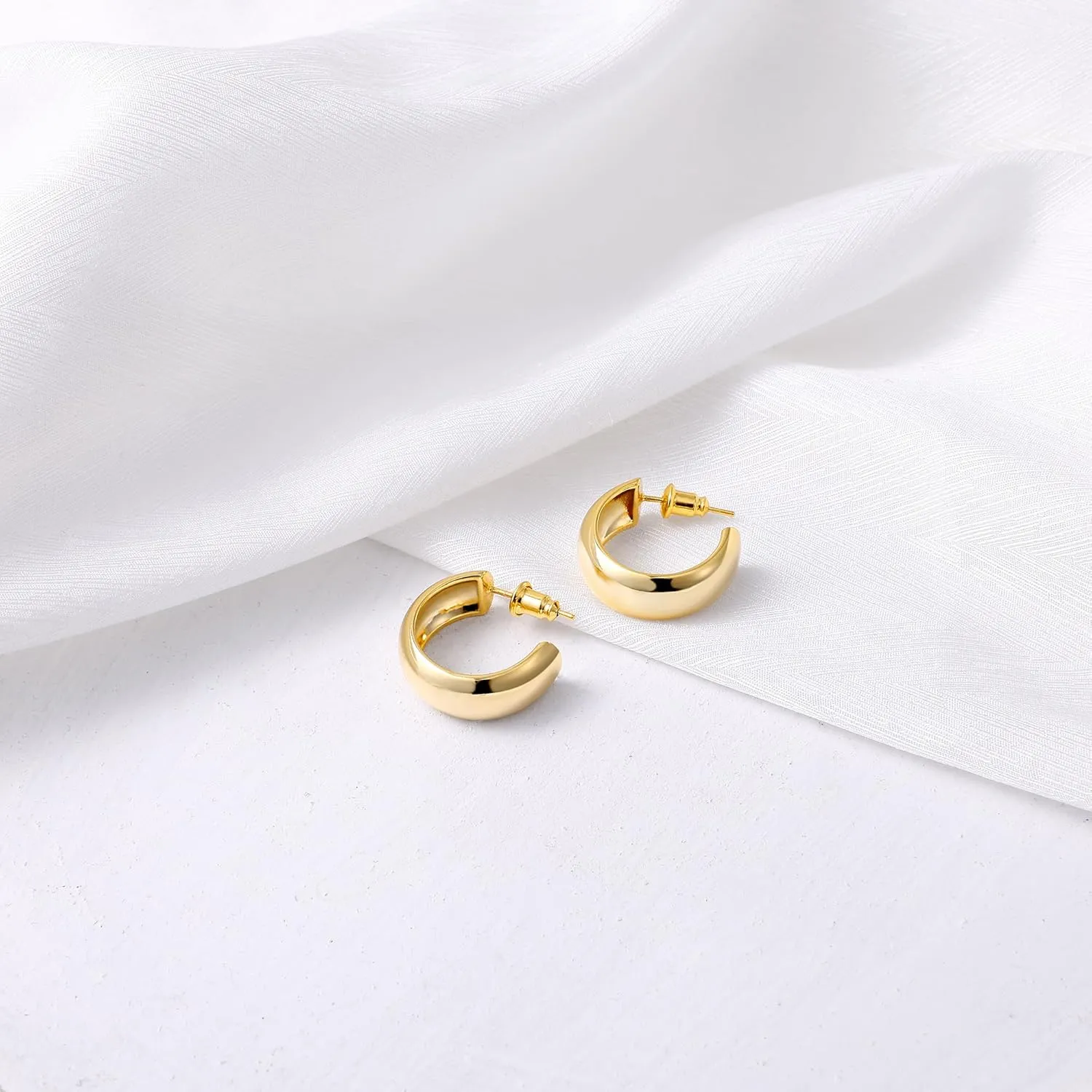 Gamicy Small Gold Hoop Earrings for Women with 925 Stering Silver Post, 14K Real Gold Plated Chunky Lightweight Hoops Earrings