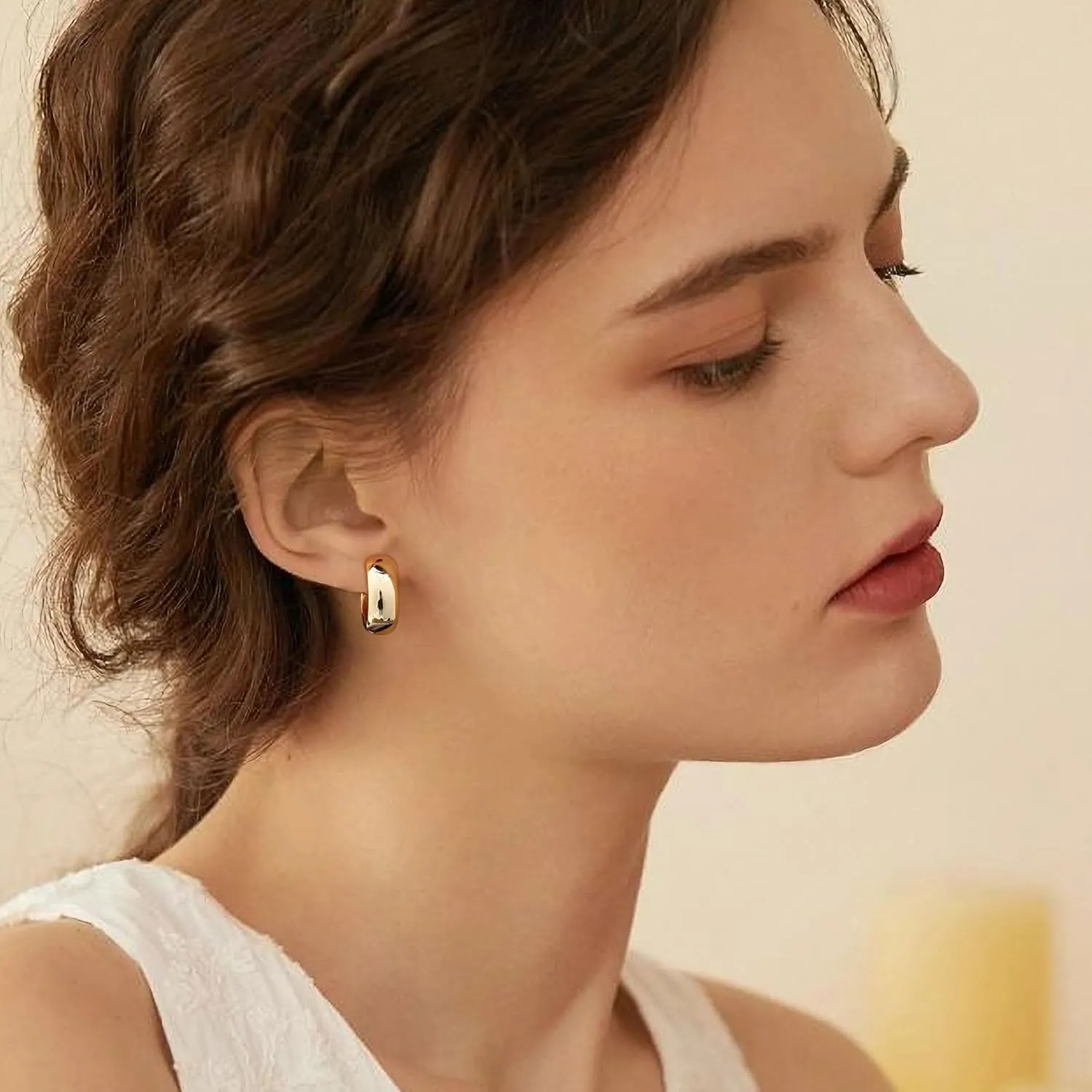 Gamicy Small Gold Hoop Earrings for Women with 925 Stering Silver Post, 14K Real Gold Plated Chunky Lightweight Hoops Earrings