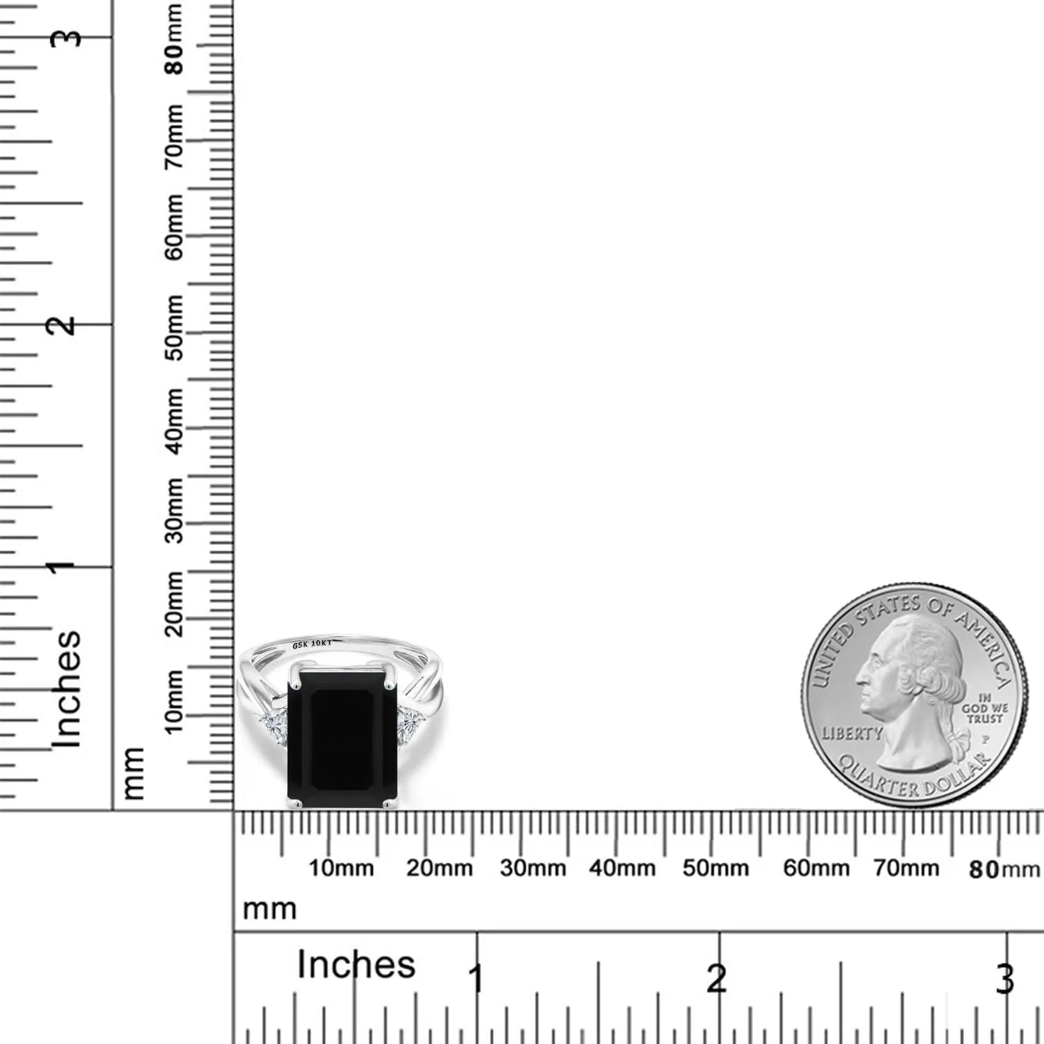 Gem Stone King 10K White Gold Black Onyx and Lab Grown Diamond Engagement Ring For Women | 7.04 Cttw | Emerald Cut 14X10MM and Trillion 4MM | Gemstone Birthstone | Available in Size 5,6,7,8,9
