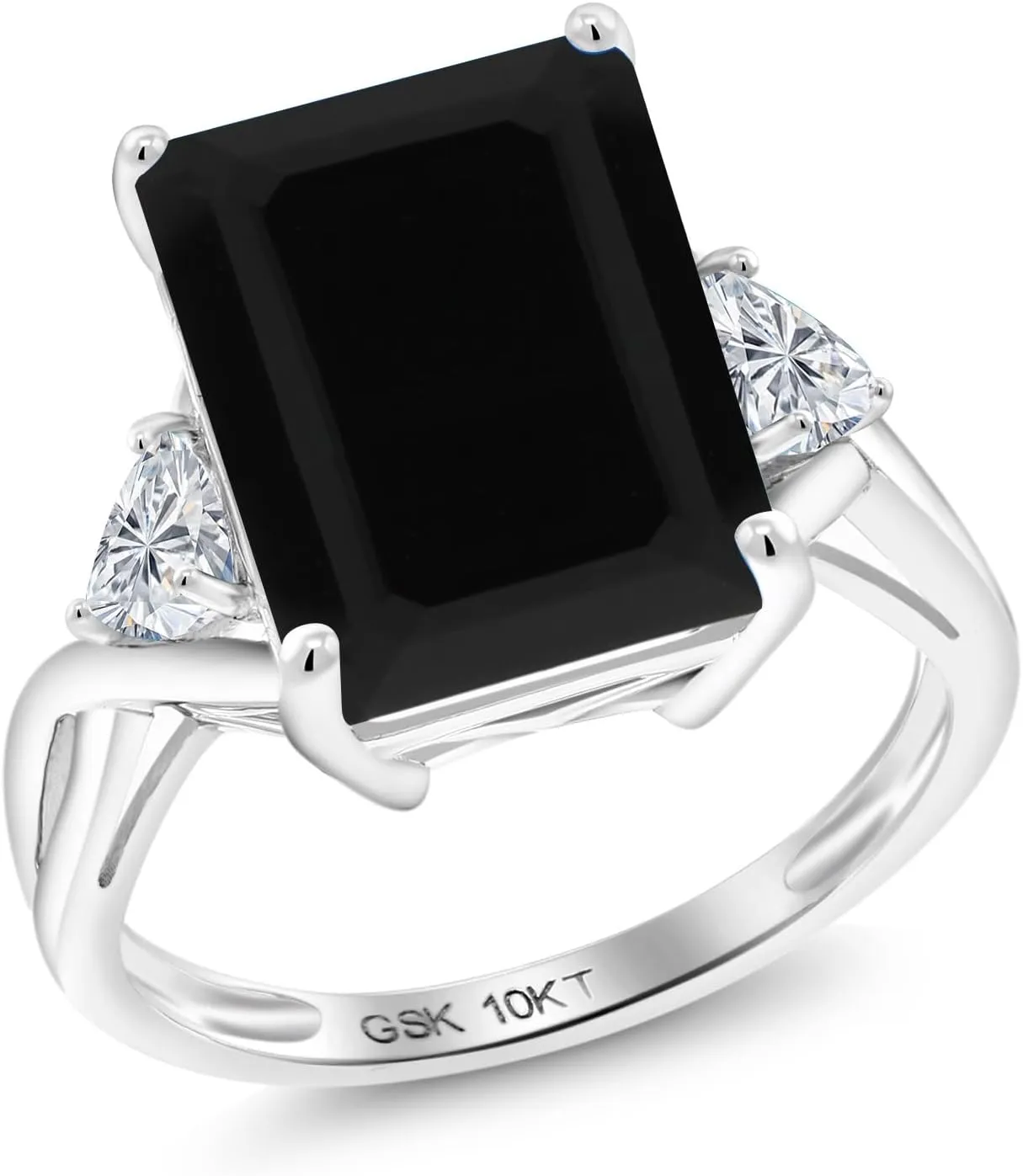 Gem Stone King 10K White Gold Black Onyx and Lab Grown Diamond Engagement Ring For Women | 7.04 Cttw | Emerald Cut 14X10MM and Trillion 4MM | Gemstone Birthstone | Available in Size 5,6,7,8,9