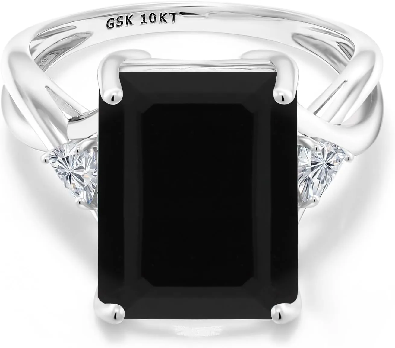 Gem Stone King 10K White Gold Black Onyx and Lab Grown Diamond Engagement Ring For Women | 7.04 Cttw | Emerald Cut 14X10MM and Trillion 4MM | Gemstone Birthstone | Available in Size 5,6,7,8,9