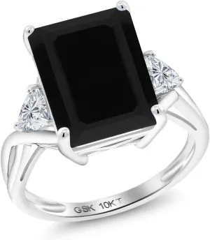 Gem Stone King 10K White Gold Black Onyx and Lab Grown Diamond Engagement Ring For Women | 7.04 Cttw | Emerald Cut 14X10MM and Trillion 4MM | Gemstone Birthstone | Available in Size 5,6,7,8,9