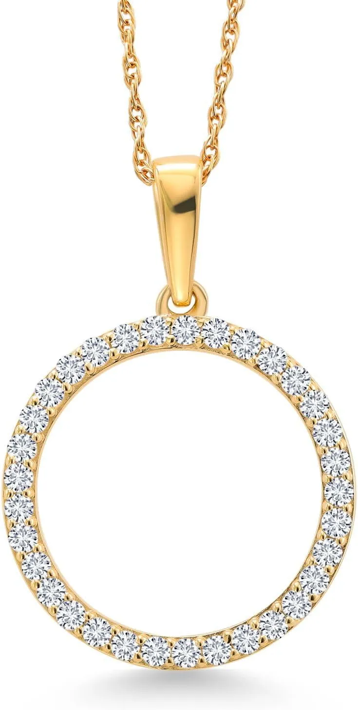 Gem Stone King 10K Yellow Gold Circle White Lab Grown Diamond Pendant Necklace For Women (0.50 Cttw, 18X18MM, with 18 Inch Chain)