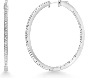 Gem Stone King 1.15 Cttw White Moissanites Inside-Outside Round Hoop Earrings For Women | 925 Sterling Silver | 1.5 Inch Diameter | Fine Jewelry Gifts for Her Mom Women Wife