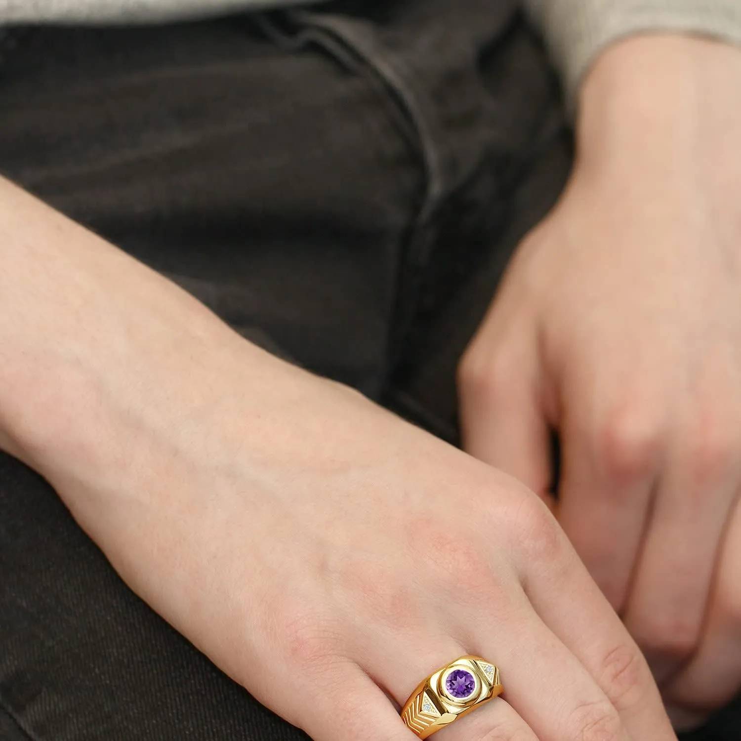 Gem Stone King 1.73 Cttw Round Purple Amethyst 18K Yellow Gold Plated Silver Ring For Men | Round 8MM | Gemstone Birthstone | Available In Size 7, 8, 9, 10, 11, 12, 13