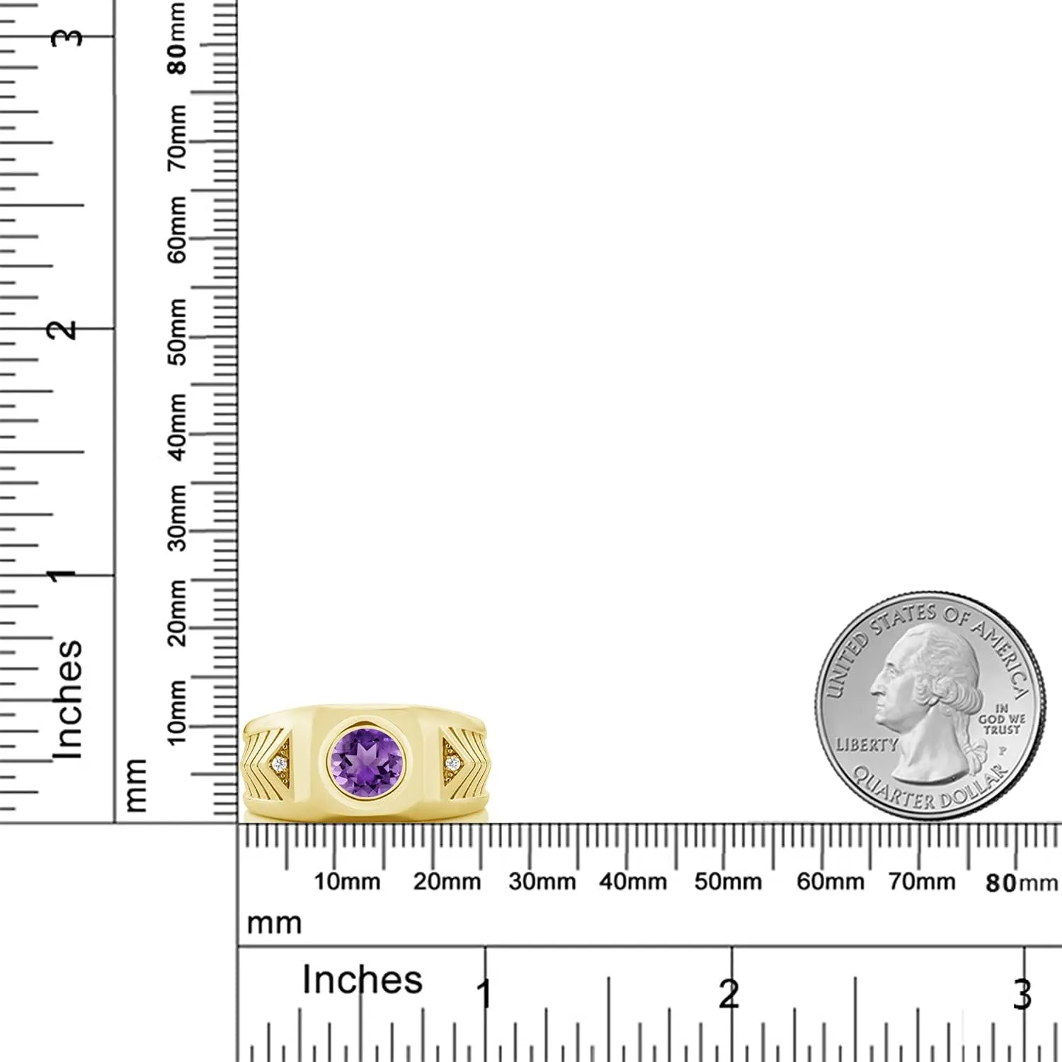 Gem Stone King 1.73 Cttw Round Purple Amethyst 18K Yellow Gold Plated Silver Ring For Men | Round 8MM | Gemstone Birthstone | Available In Size 7, 8, 9, 10, 11, 12, 13