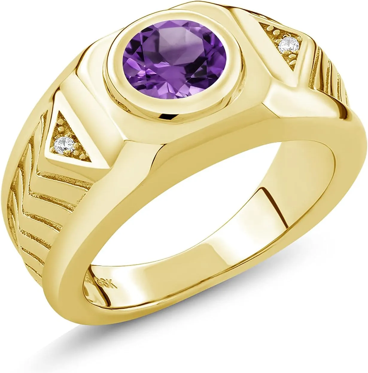 Gem Stone King 1.73 Cttw Round Purple Amethyst 18K Yellow Gold Plated Silver Ring For Men | Round 8MM | Gemstone Birthstone | Available In Size 7, 8, 9, 10, 11, 12, 13