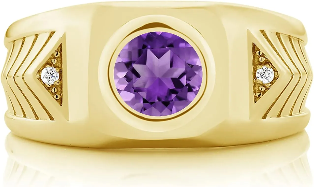 Gem Stone King 1.73 Cttw Round Purple Amethyst 18K Yellow Gold Plated Silver Ring For Men | Round 8MM | Gemstone Birthstone | Available In Size 7, 8, 9, 10, 11, 12, 13