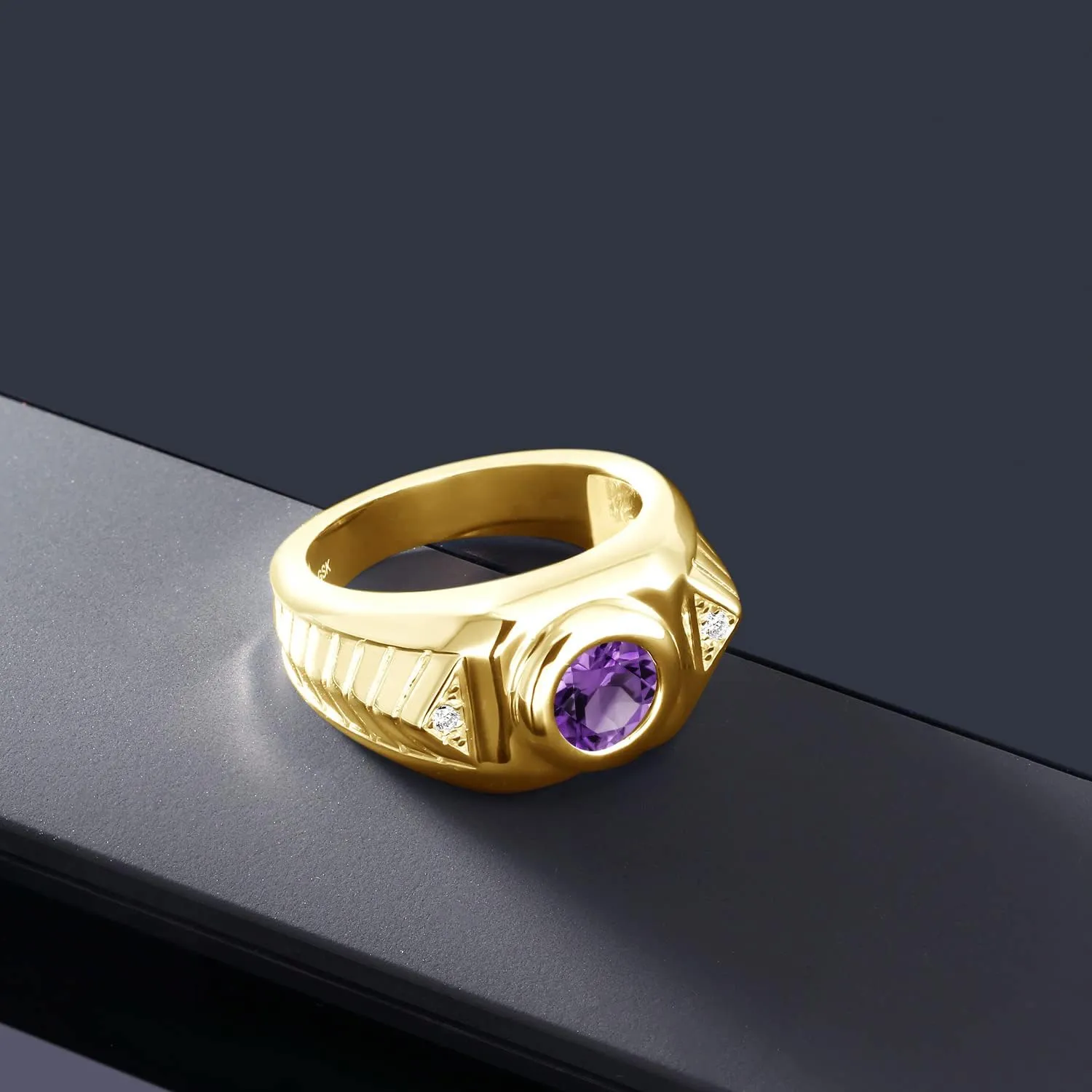 Gem Stone King 1.73 Cttw Round Purple Amethyst 18K Yellow Gold Plated Silver Ring For Men | Round 8MM | Gemstone Birthstone | Available In Size 7, 8, 9, 10, 11, 12, 13