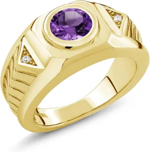 Gem Stone King 1.73 Cttw Round Purple Amethyst 18K Yellow Gold Plated Silver Ring For Men | Round 8MM | Gemstone Birthstone | Available In Size 7, 8, 9, 10, 11, 12, 13