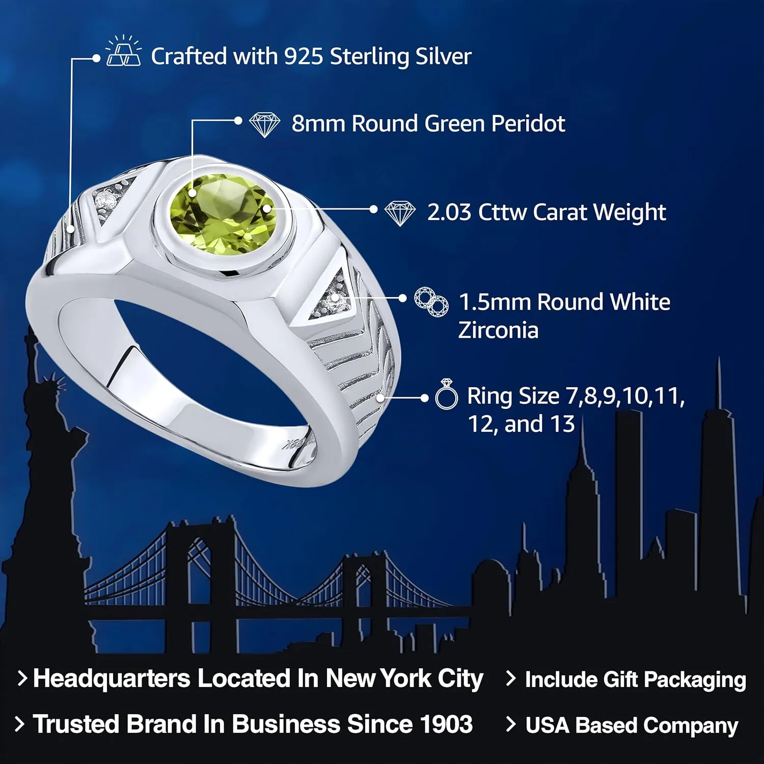 Gem Stone King 2.03 Cttw Green Peridot Ring For Men In 925 Sterling Silver | Gemstone Birthstone | Available in size 7, 8, 9, 10, 11, 12, 13