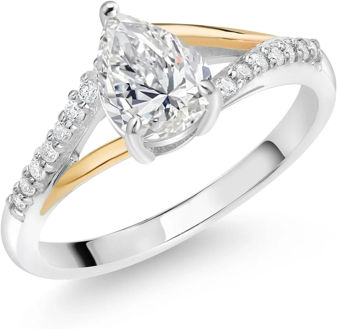 Gem Stone King 925 Sterling Silver and 10K Yellow Gold IGI Certified Lab Grown Diamond Engagement Ring For Women | 1.14 Cttw | Center Pear Shape Diamond 1 Ct | F-G Color | VS Clarity