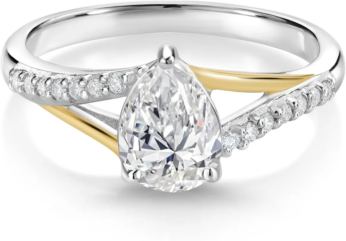 Gem Stone King 925 Sterling Silver and 10K Yellow Gold IGI Certified Lab Grown Diamond Engagement Ring For Women | 1.14 Cttw | Center Pear Shape Diamond 1 Ct | F-G Color | VS Clarity