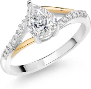 Gem Stone King 925 Sterling Silver and 10K Yellow Gold IGI Certified Lab Grown Diamond Engagement Ring For Women | 1.14 Cttw | Center Pear Shape Diamond 1 Ct | F-G Color | VS Clarity