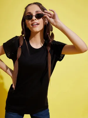 Girls Black Schiffli Detail T-Shirt - Lyush Kids