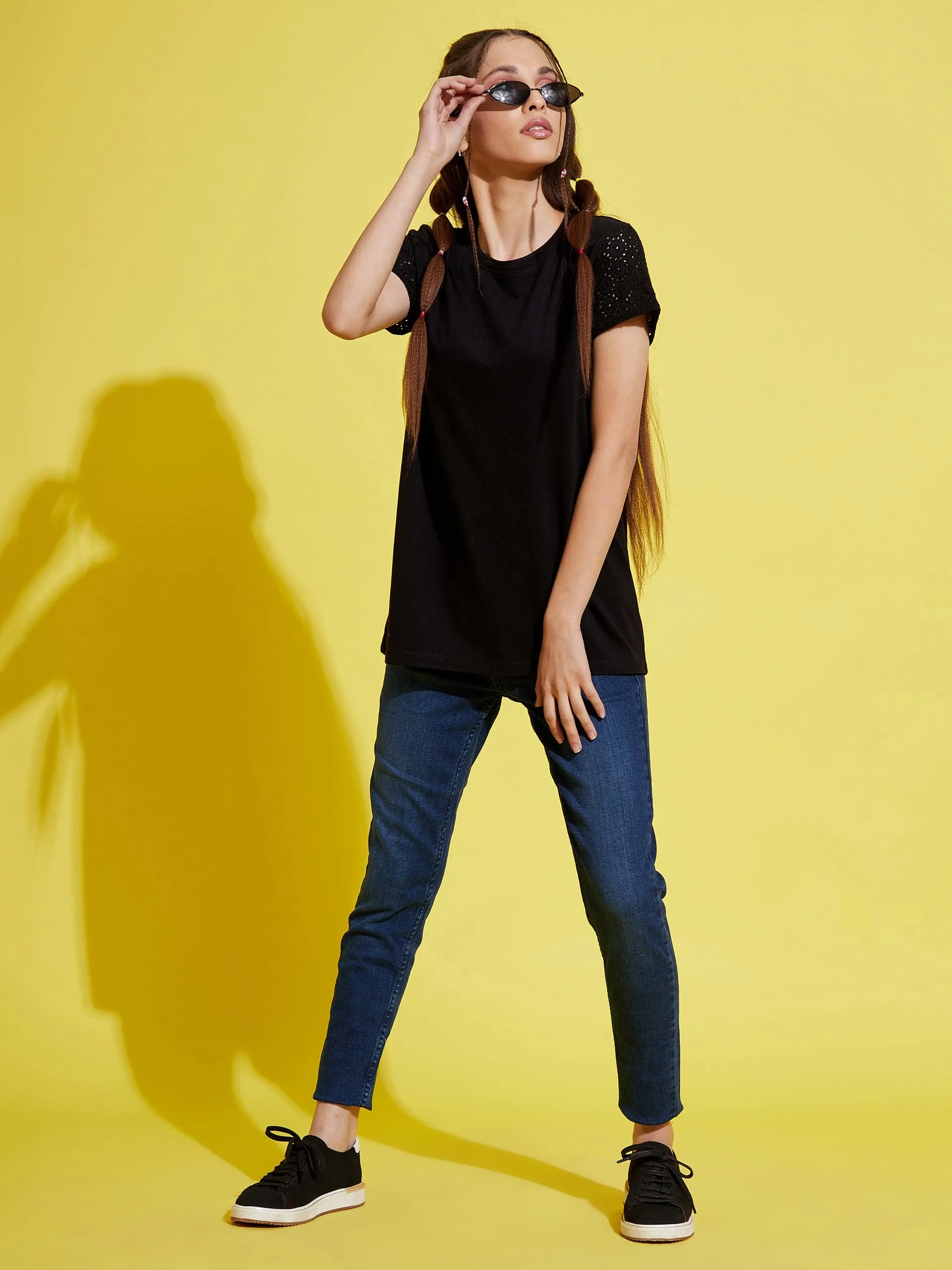 Girls Black Schiffli Detail T-Shirt - Lyush Kids