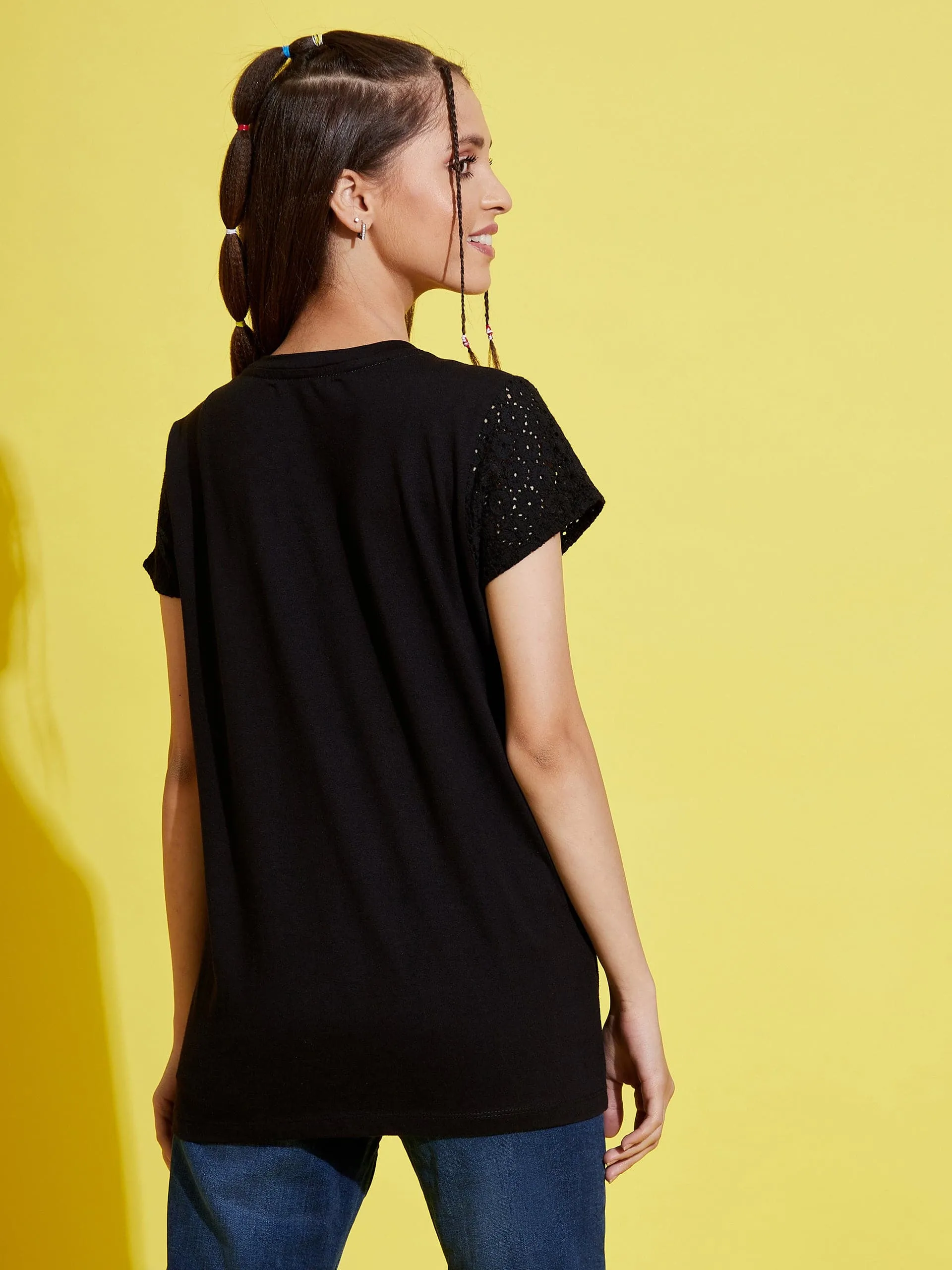 Girls Black Schiffli Detail T-Shirt - Lyush Kids