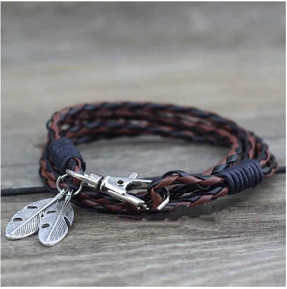 Giwotu Womens Fashion Jewelry Leather Charm Friendship Bracelets Bangles Feather Bracelet for Women Men 12 Colors