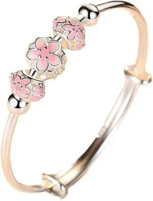 Gixaxak Fashion Plated S925 Sterling Silver Cherry Blossom Bracelet Bracelet Lucky Transfer Bangle Silver Beads Bangle Transfer Pink Beads Bracelet Cuff Open Design Pink Flower Bangle Bracelet