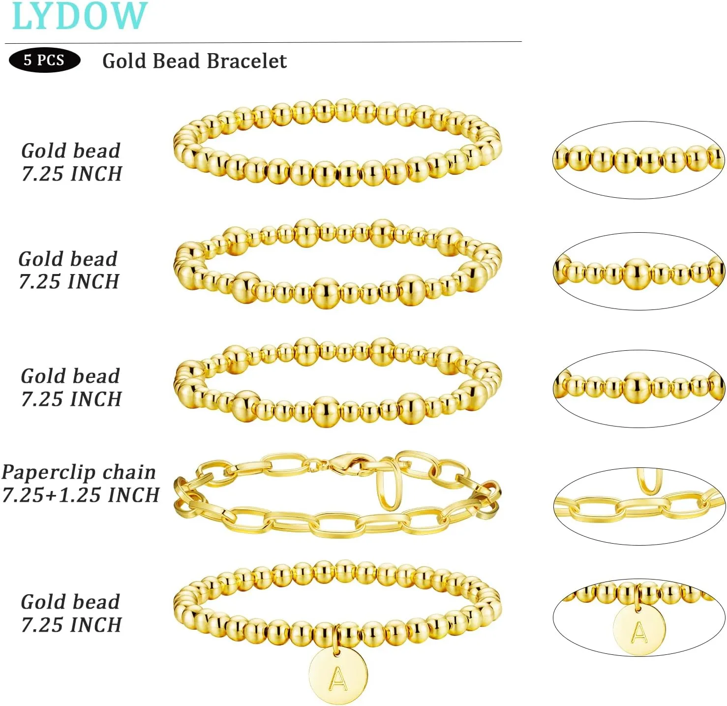 Gold Beaded Bracelets for Women, 18K Gold Plated Initial A-Z Stretch Bead Ball Stackable Bracelet with Letter Jewelry Set Gifts
