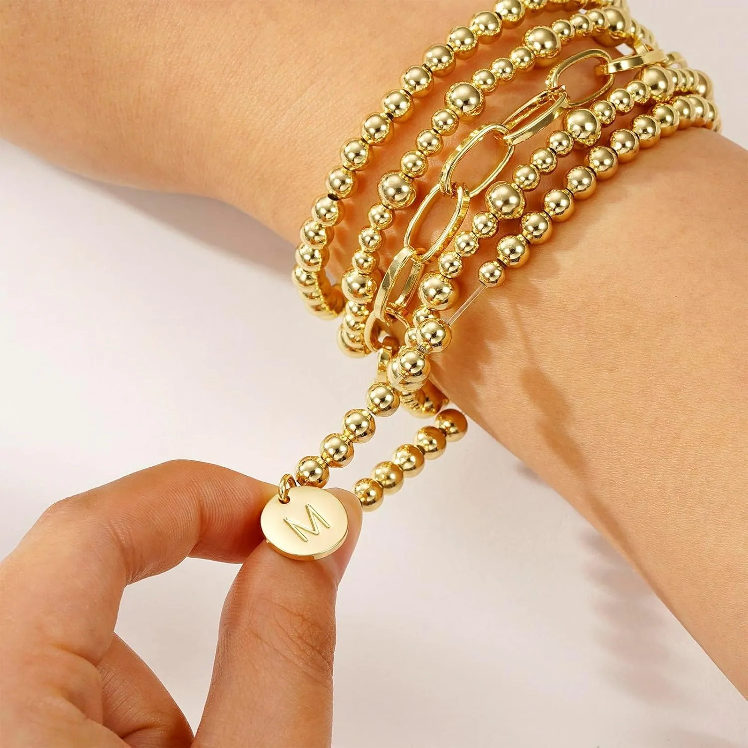 Gold Beaded Bracelets for Women, 18K Gold Plated Initial A-Z Stretch Bead Ball Stackable Bracelet with Letter Jewelry Set Gifts
