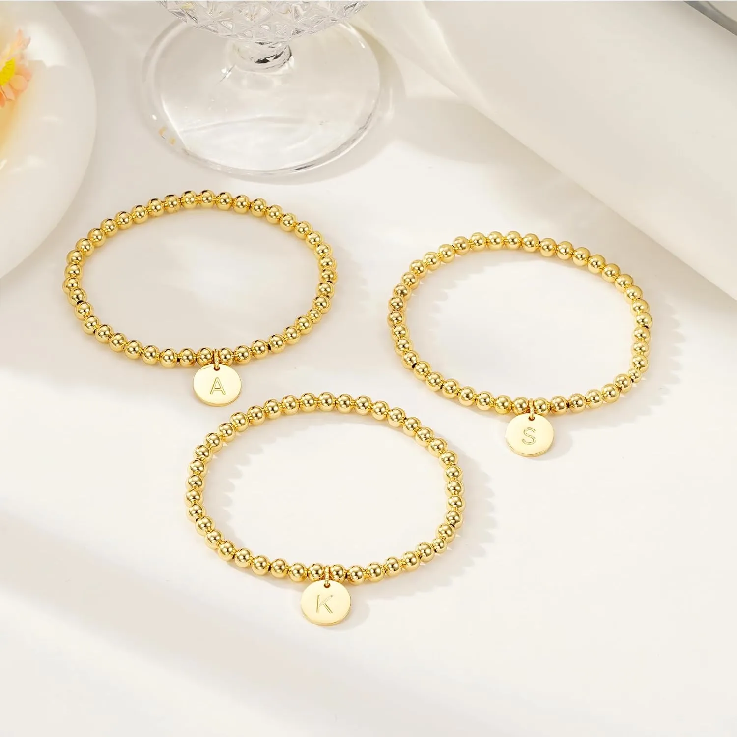 Gold Beaded Bracelets for Women, 18K Gold Plated Initial A-Z Stretch Bead Ball Stackable Bracelet with Letter Jewelry Set Gifts
