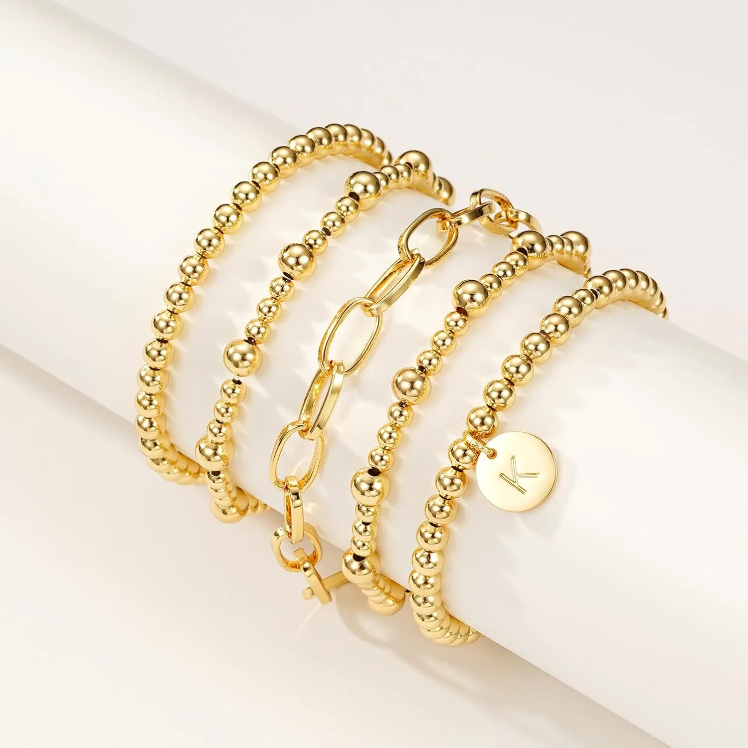 Gold Beaded Bracelets for Women, 18K Gold Plated Initial A-Z Stretch Bead Ball Stackable Bracelet with Letter Jewelry Set Gifts