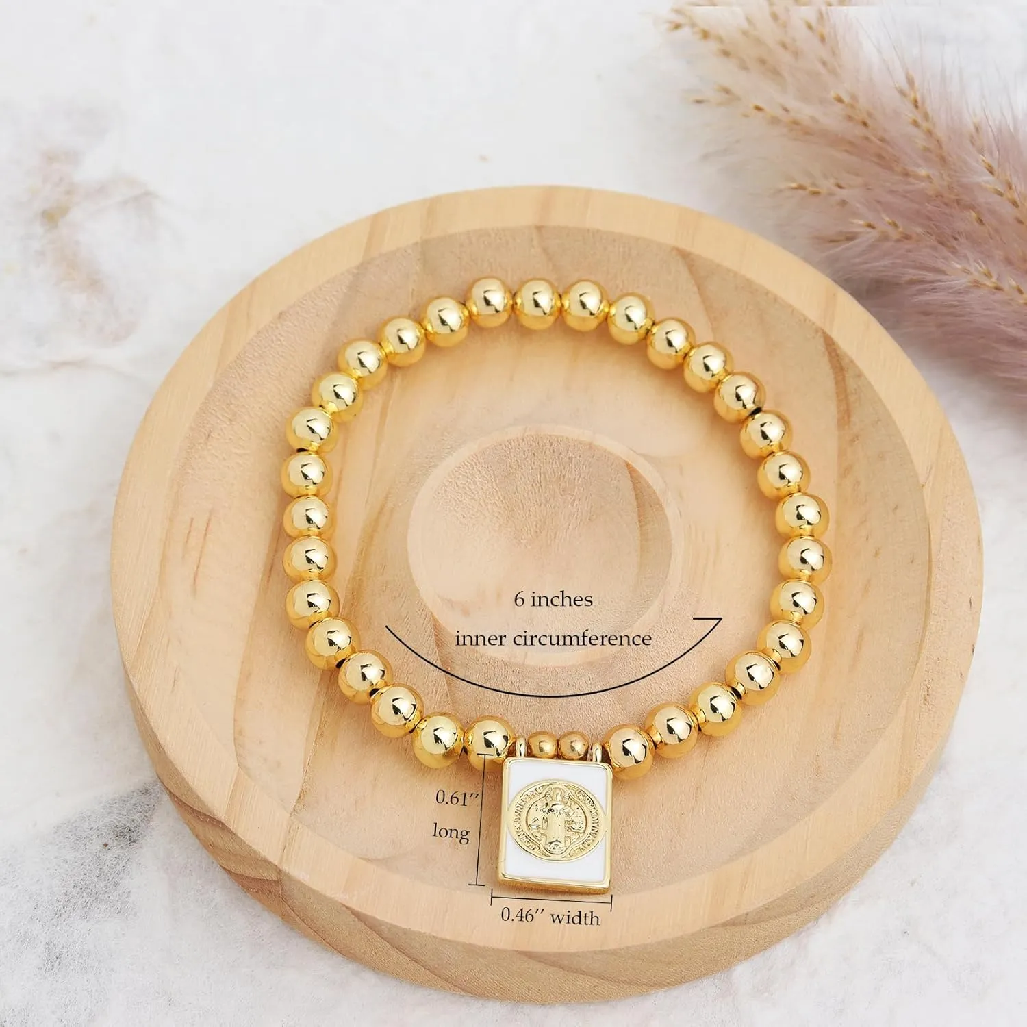 Gold Beaded Charm Bracelets for Women, Handmade Stackable White Square Ball Beads Stretch Bracelet Prom Jewelry Gift.