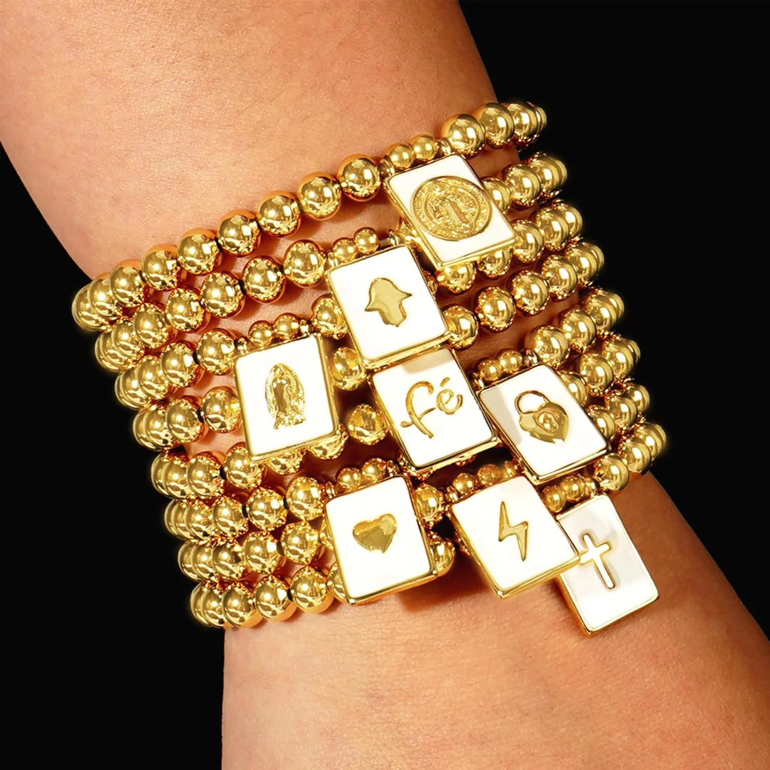 Gold Beaded Charm Bracelets for Women, Handmade Stackable White Square Ball Beads Stretch Bracelet Prom Jewelry Gift.