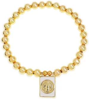 Gold Beaded Charm Bracelets for Women, Handmade Stackable White Square Ball Beads Stretch Bracelet Prom Jewelry Gift.
