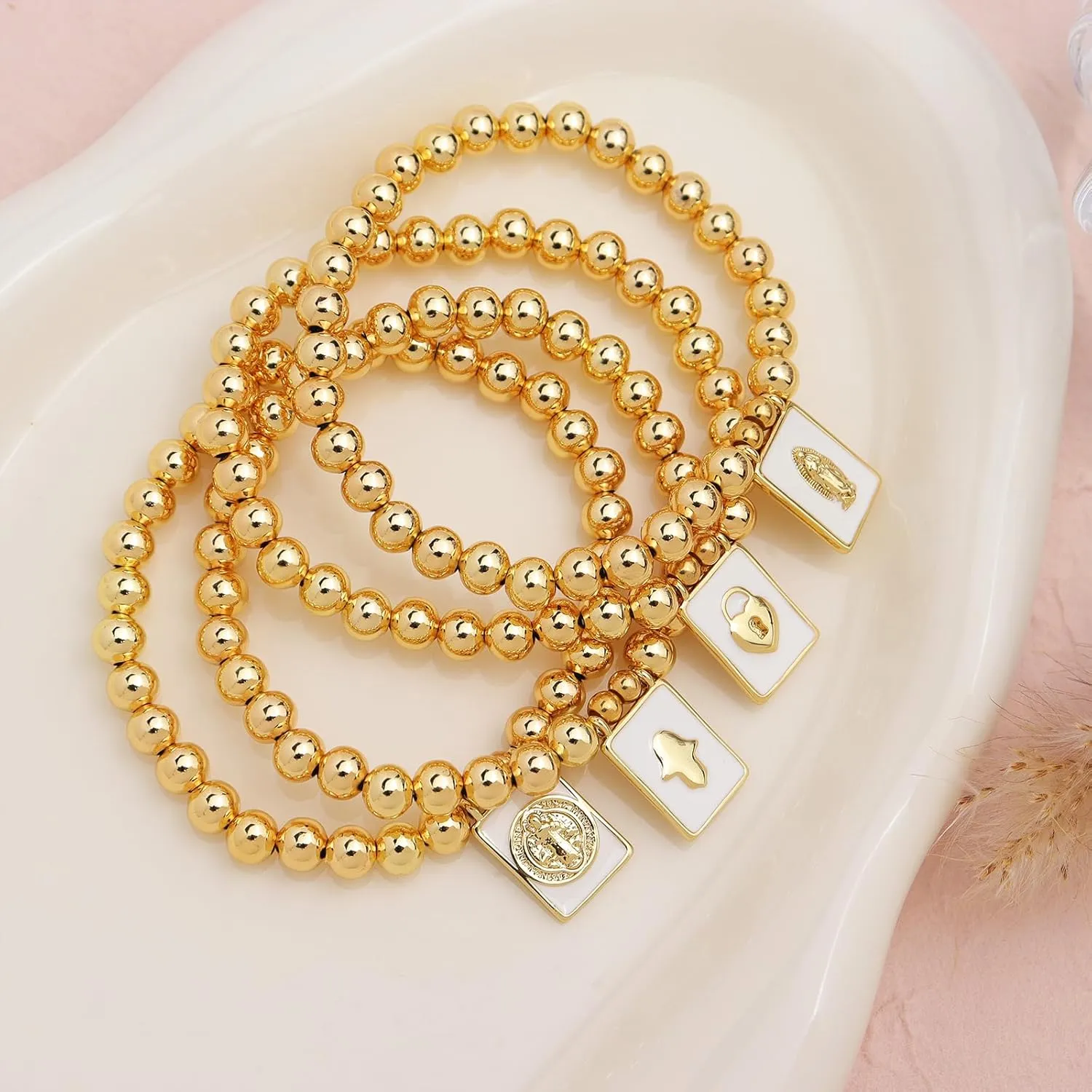 Gold Beaded Charm Bracelets for Women, Handmade Stackable White Square Ball Beads Stretch Bracelet Prom Jewelry Gift.