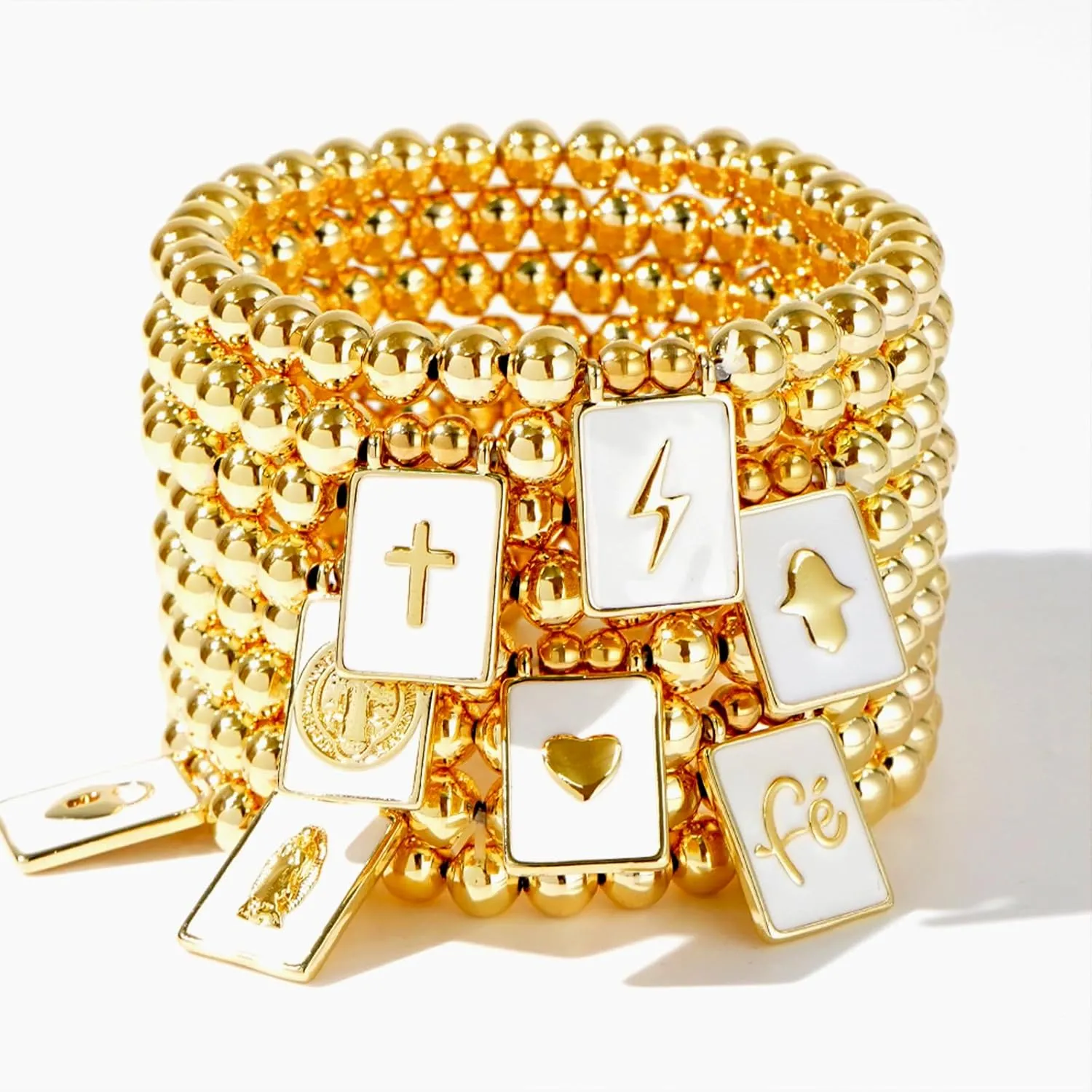 Gold Beaded Charm Bracelets for Women, Handmade Stackable White Square Ball Beads Stretch Bracelet Prom Jewelry Gift.