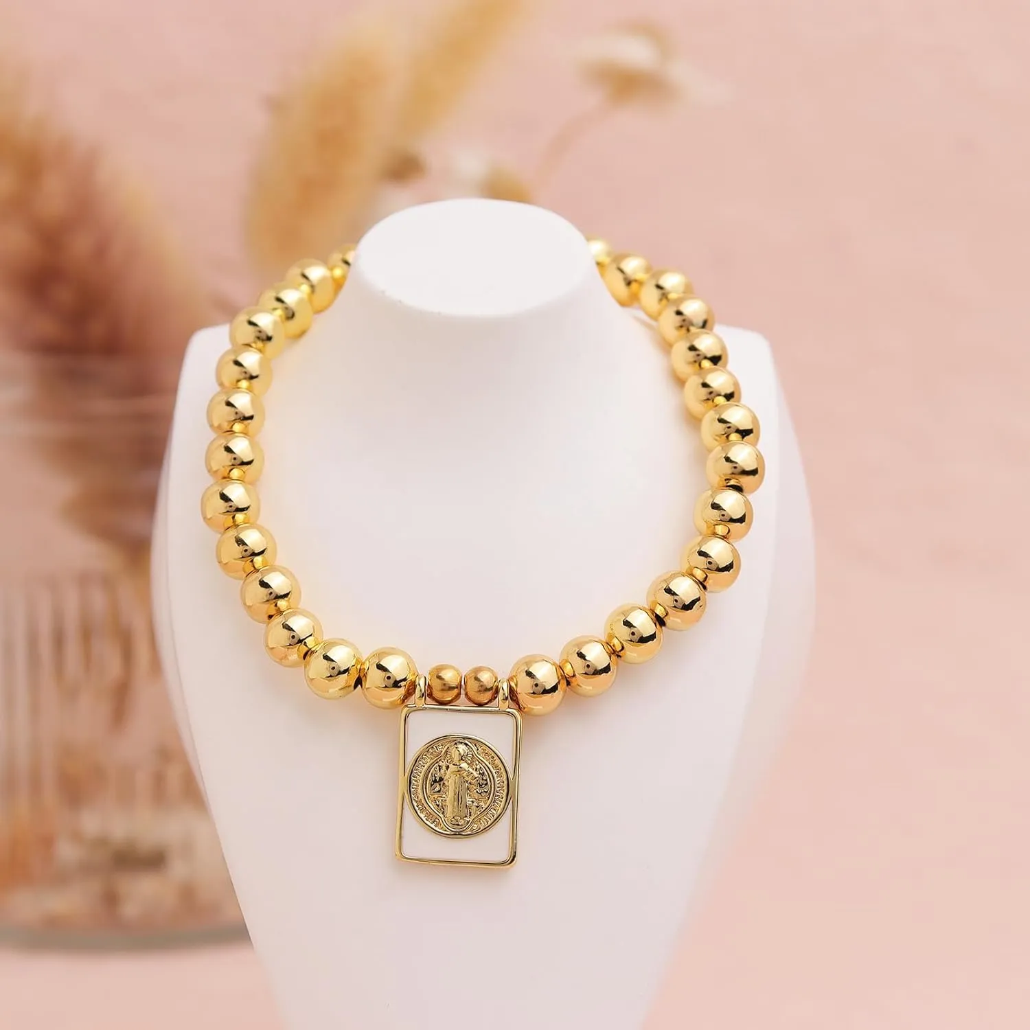 Gold Beaded Charm Bracelets for Women, Handmade Stackable White Square Ball Beads Stretch Bracelet Prom Jewelry Gift.