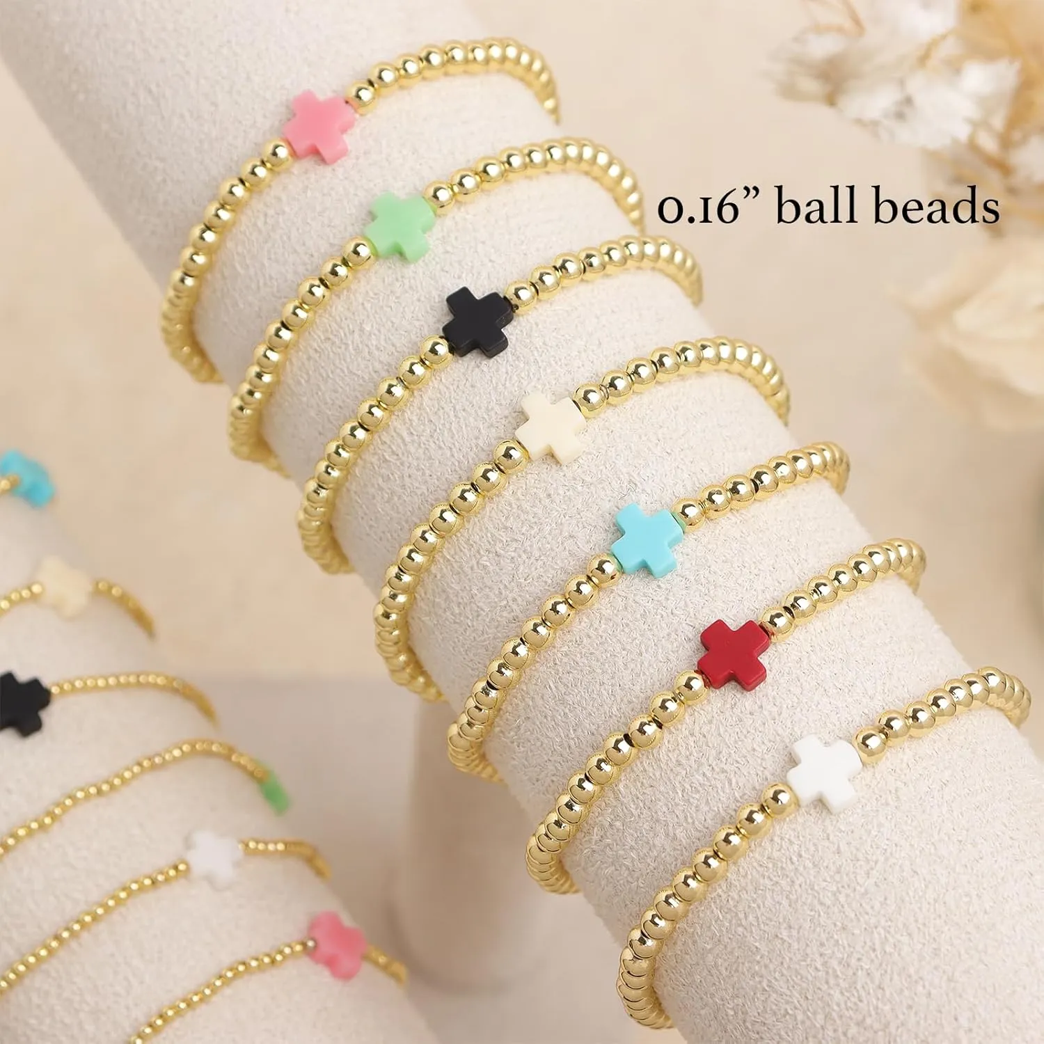 Gold Beaded Colorful Cross Bracelets Stack for Women, Boho Handmade Ball Beads Stackable Friendship Stretch Prom Holiday Jewelry Gift.