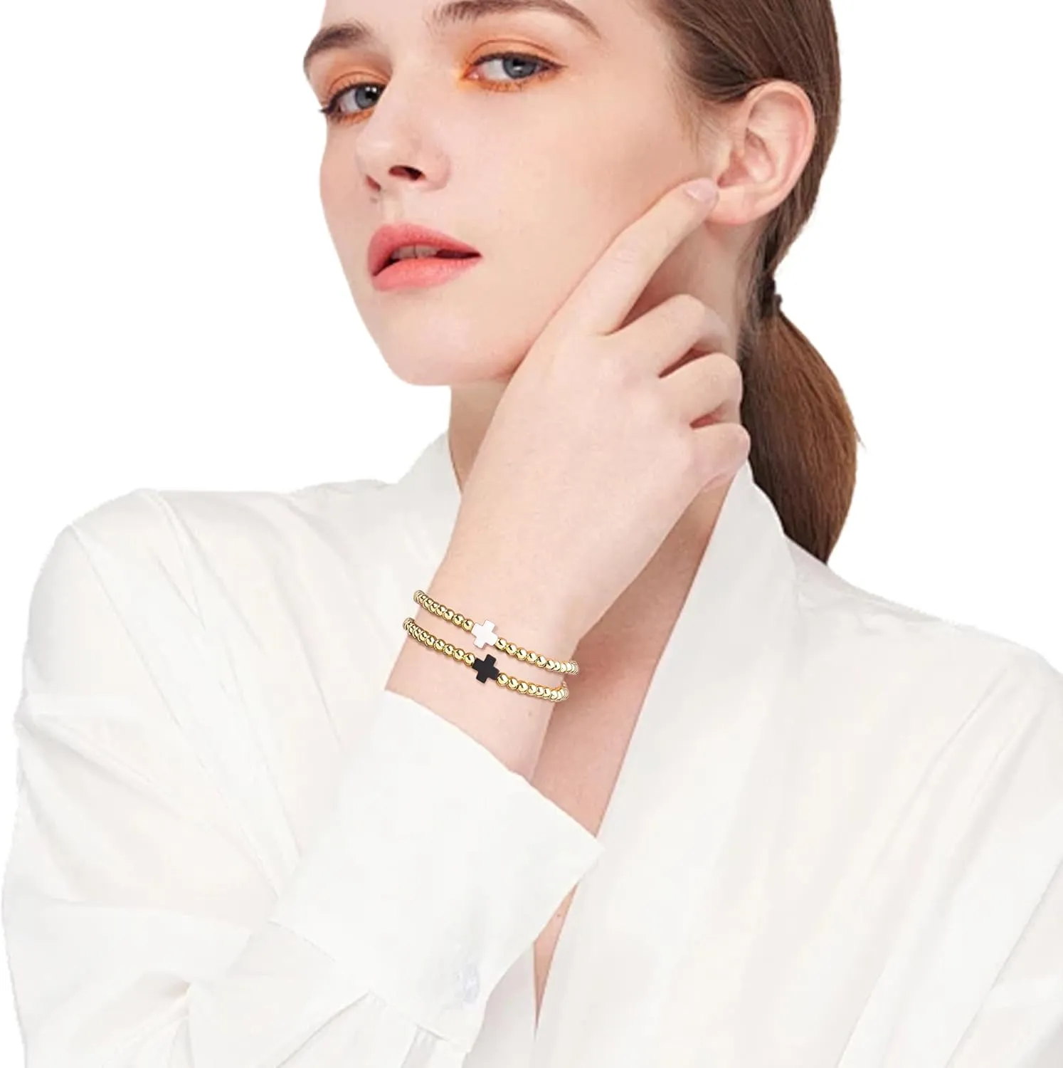 Gold Beaded Colorful Cross Bracelets Stack for Women, Boho Handmade Ball Beads Stackable Friendship Stretch Prom Holiday Jewelry Gift.