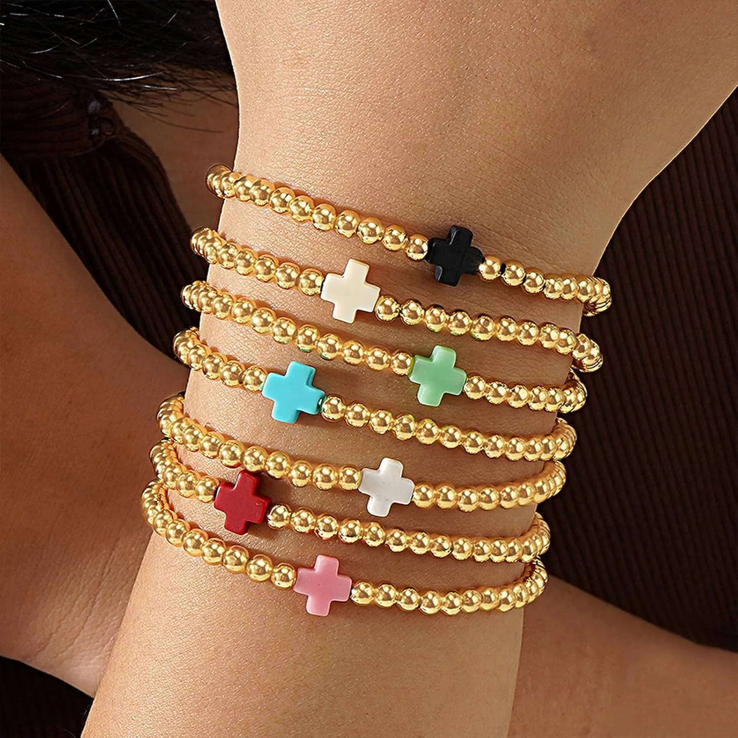 Gold Beaded Colorful Cross Bracelets Stack for Women, Boho Handmade Ball Beads Stackable Friendship Stretch Prom Holiday Jewelry Gift.