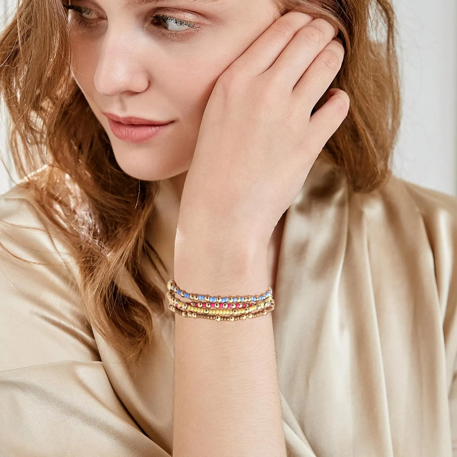 Gold Beaded Friendship Bracelet Stack for WomenSeed Beads Bracelets Summer Boho Beach Handmade Stackable Jewelry Gift
