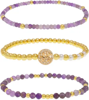 Gold Beaded Gemstone Stack Bracelets Set, Boho Handmade stackable Friendship Stretch Festive Holiday Accessories Jewelry Gift.