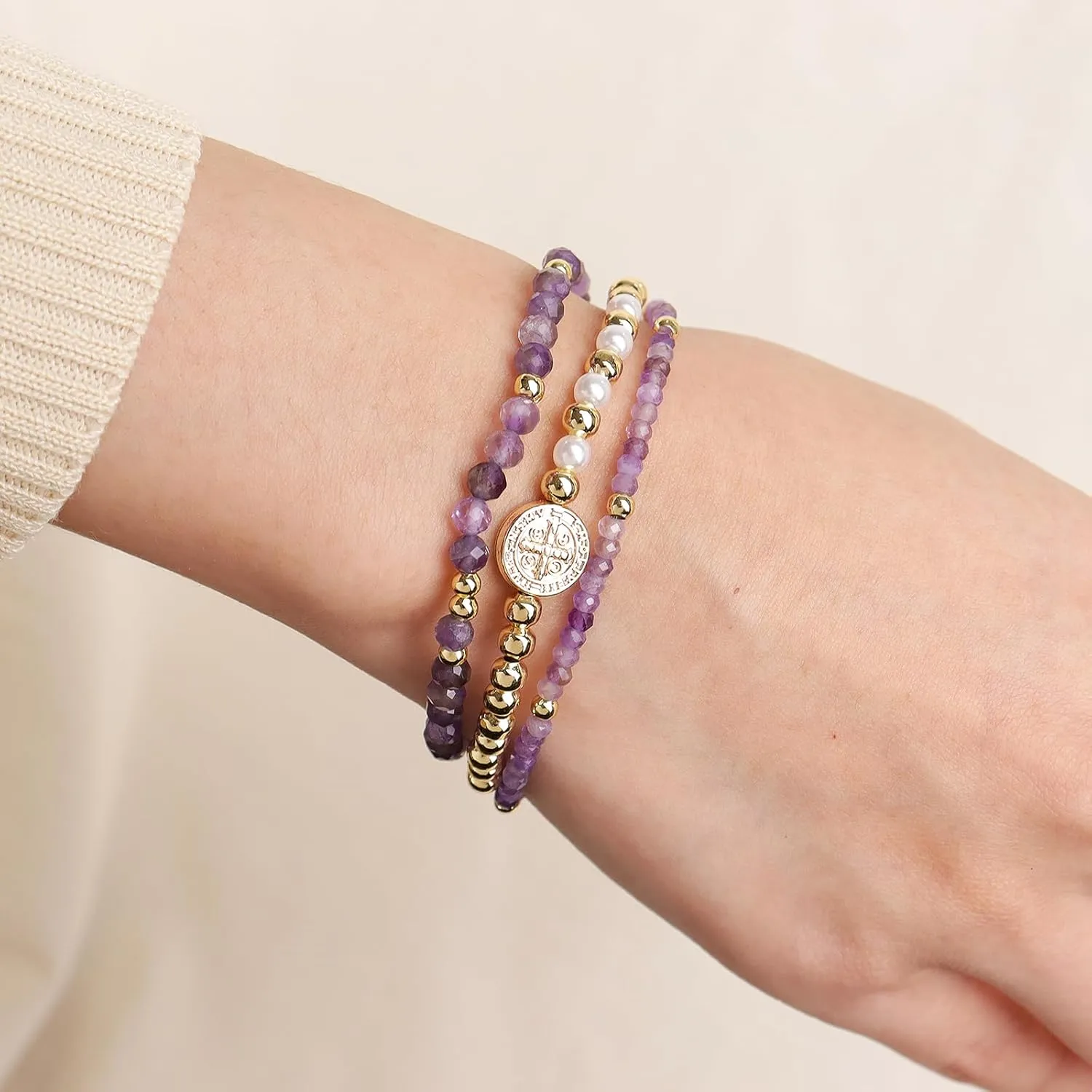 Gold Beaded Gemstone Stack Bracelets Set, Boho Handmade stackable Friendship Stretch Festive Holiday Accessories Jewelry Gift.