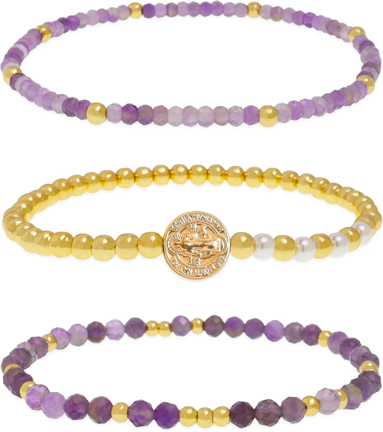 Gold Beaded Gemstone Stack Bracelets Set, Boho Handmade stackable Friendship Stretch Festive Holiday Accessories Jewelry Gift.