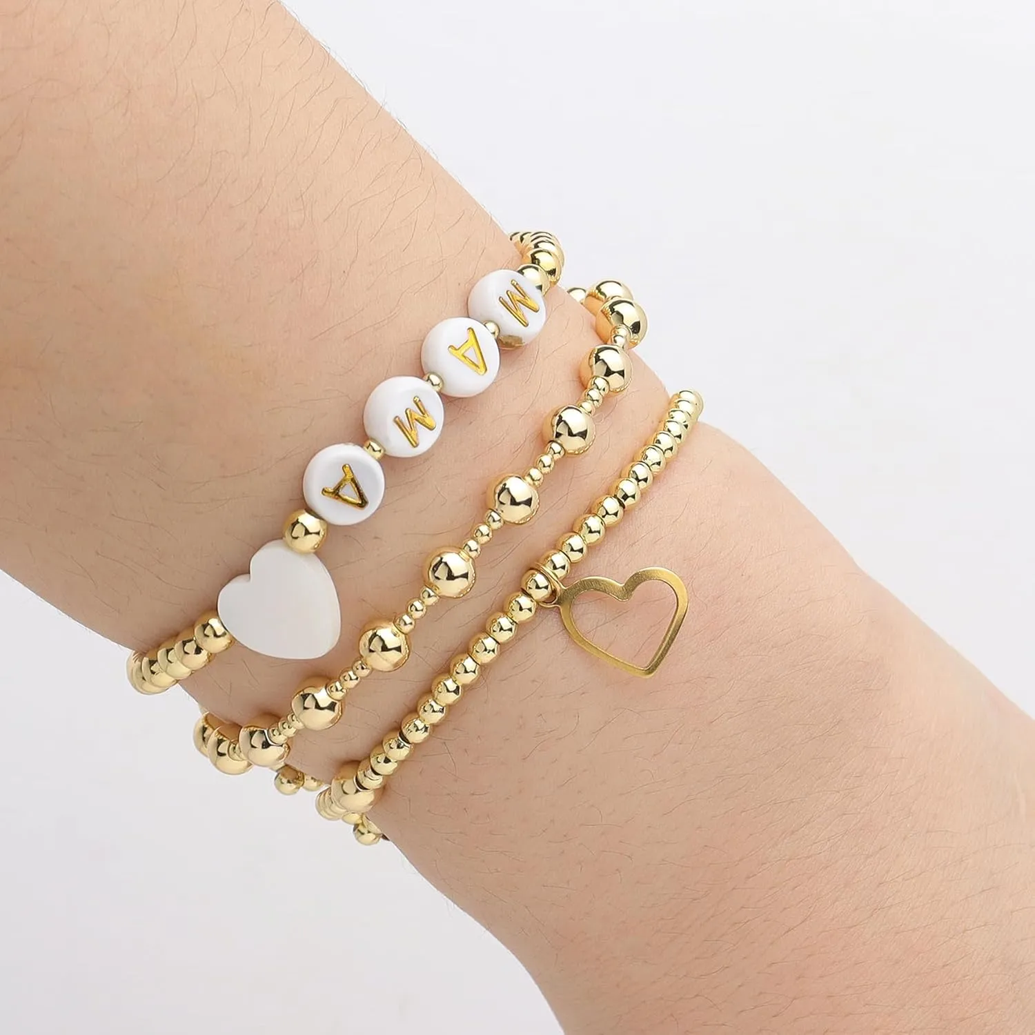Gold beaded Pearl Heart Bracelets for Women, Cute Handmade Stackable Boho Beads Ball Friendship stretch Bracelet Summer Beach Jewelry Gift