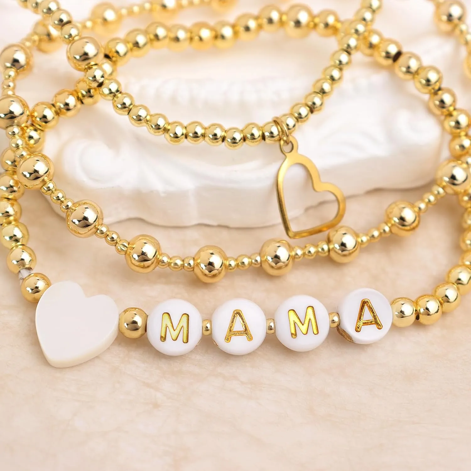 Gold beaded Pearl Heart Bracelets for Women, Cute Handmade Stackable Boho Beads Ball Friendship stretch Bracelet Summer Beach Jewelry Gift